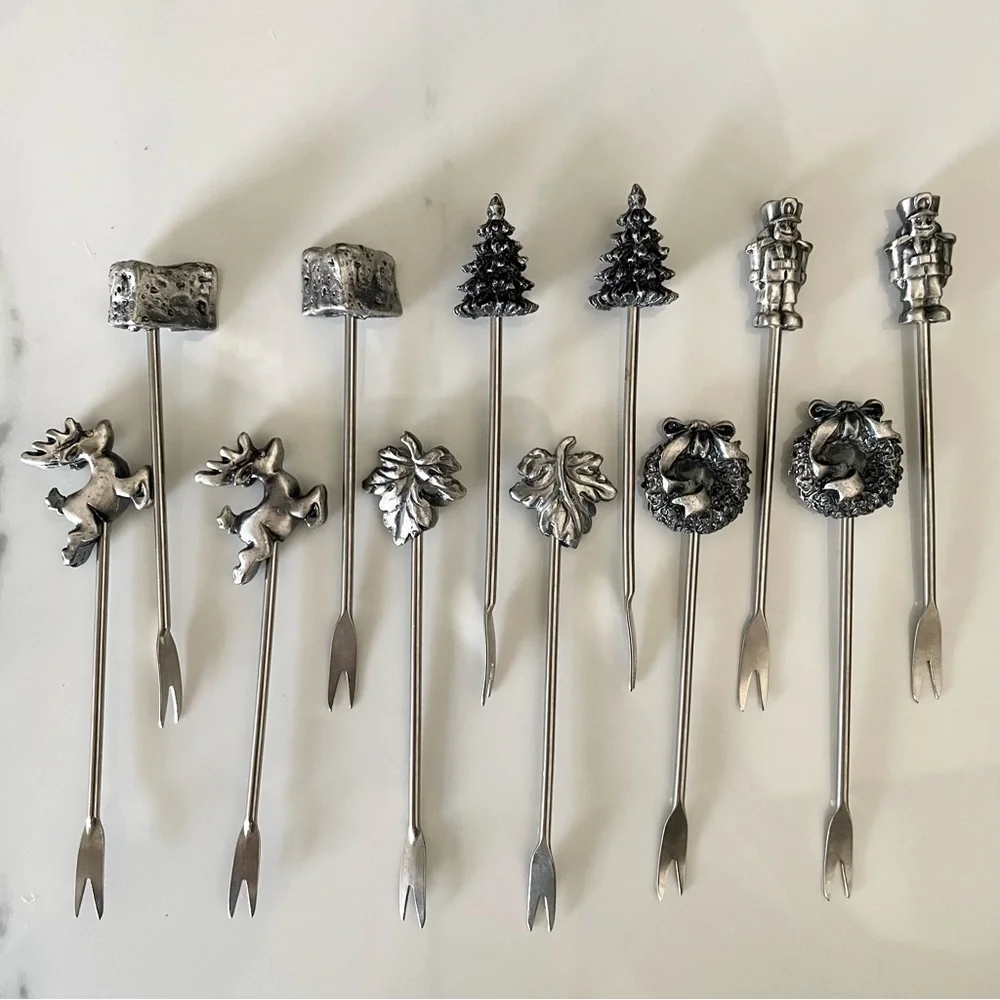SET of 12 Pewter Holiday Appetizer Forks